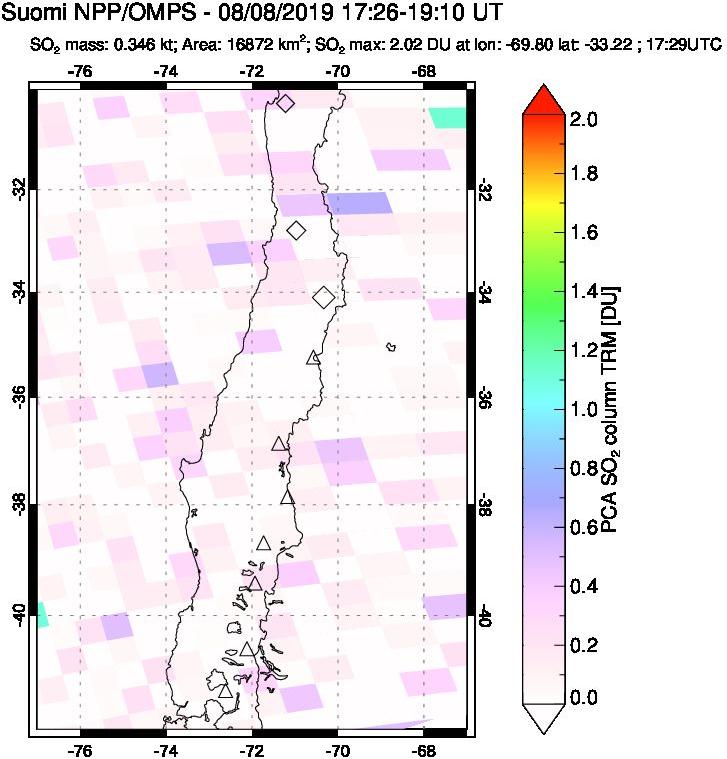 A sulfur dioxide image over Central Chile on Aug 08, 2019.