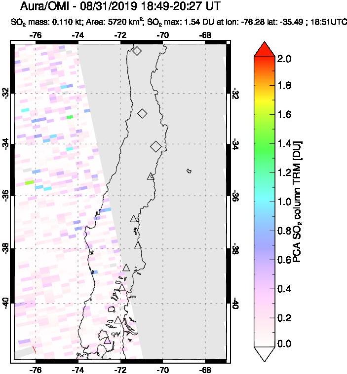 A sulfur dioxide image over Central Chile on Aug 31, 2019.