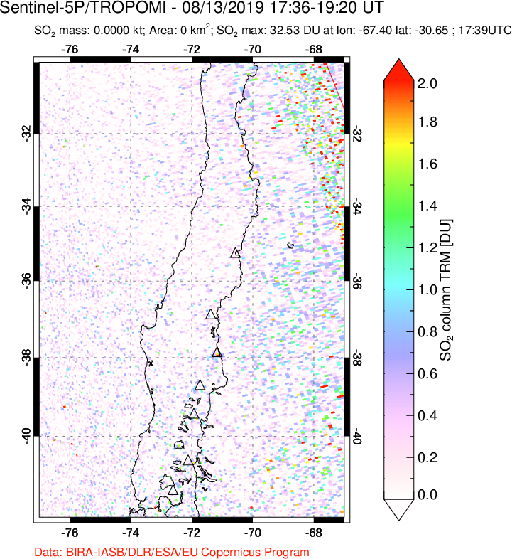 A sulfur dioxide image over Central Chile on Aug 13, 2019.
