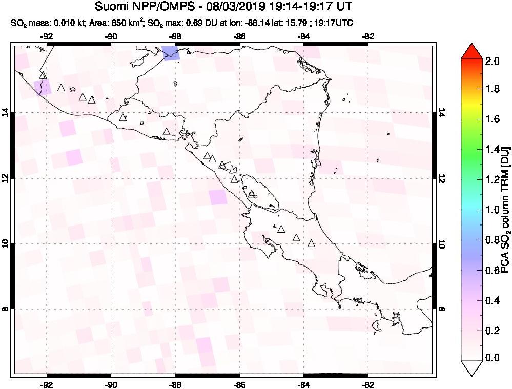 A sulfur dioxide image over Central America on Aug 03, 2019.