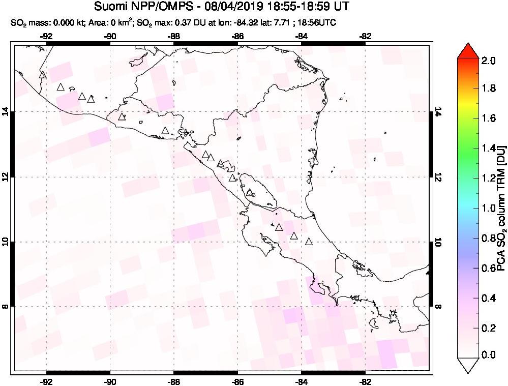 A sulfur dioxide image over Central America on Aug 04, 2019.