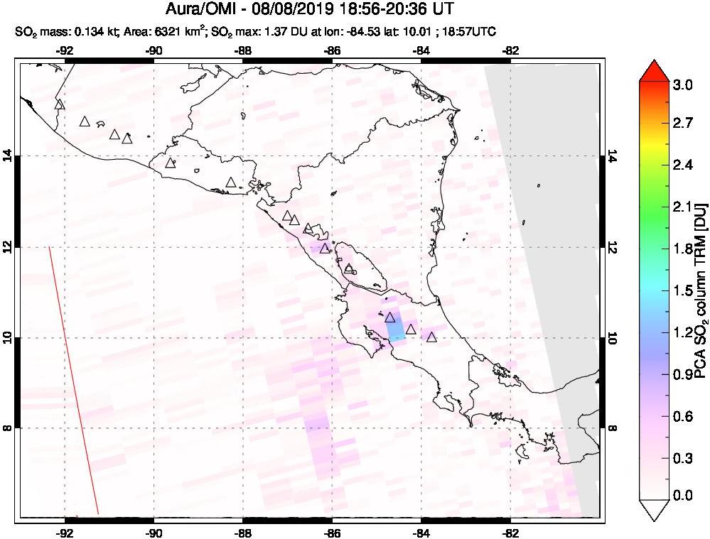 A sulfur dioxide image over Central America on Aug 08, 2019.