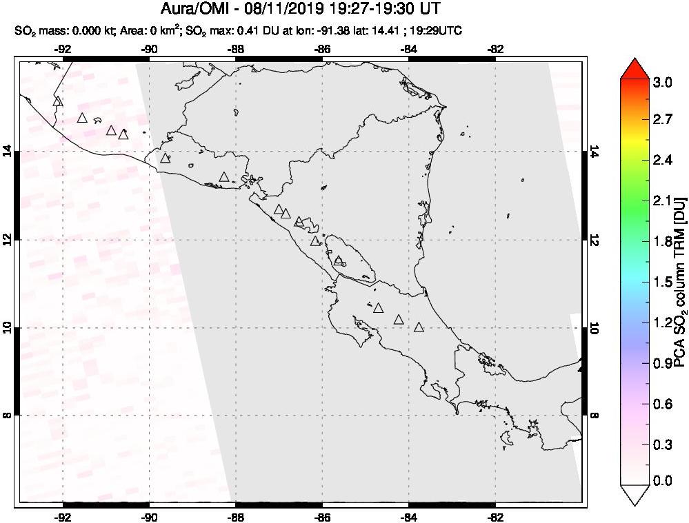 A sulfur dioxide image over Central America on Aug 11, 2019.