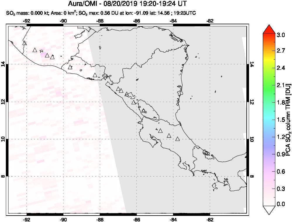 A sulfur dioxide image over Central America on Aug 20, 2019.