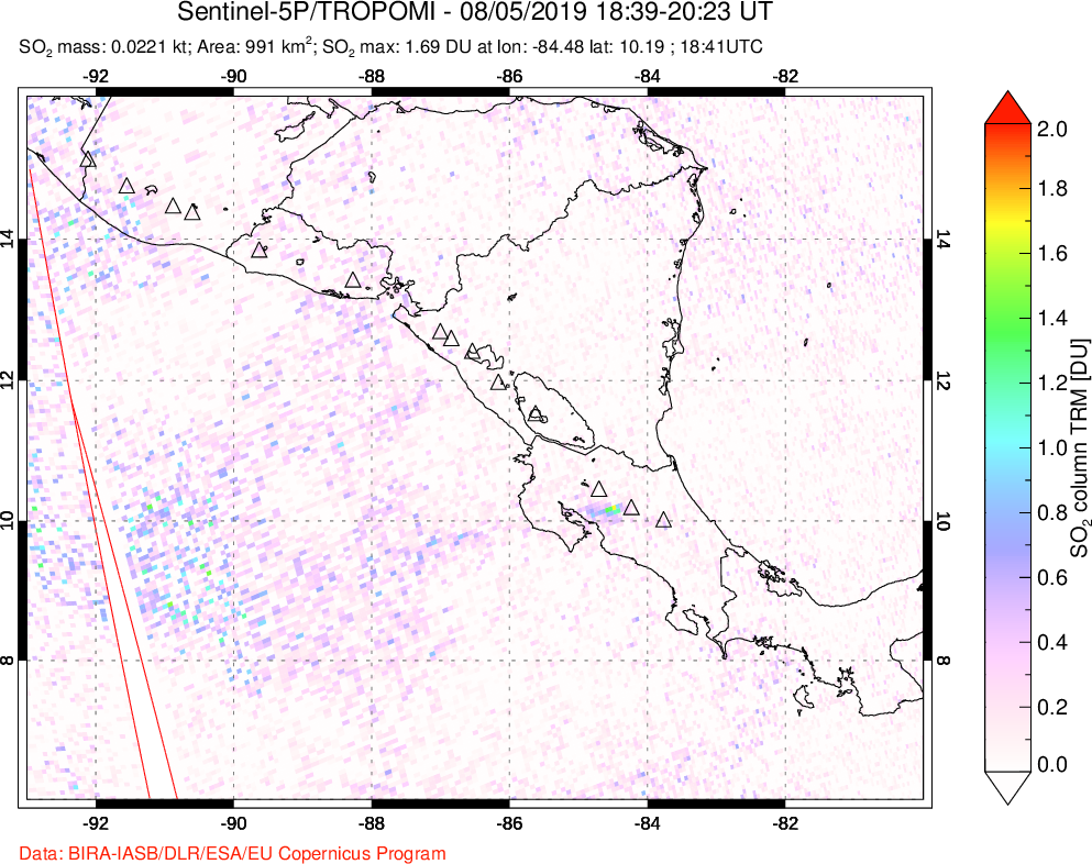 A sulfur dioxide image over Central America on Aug 05, 2019.
