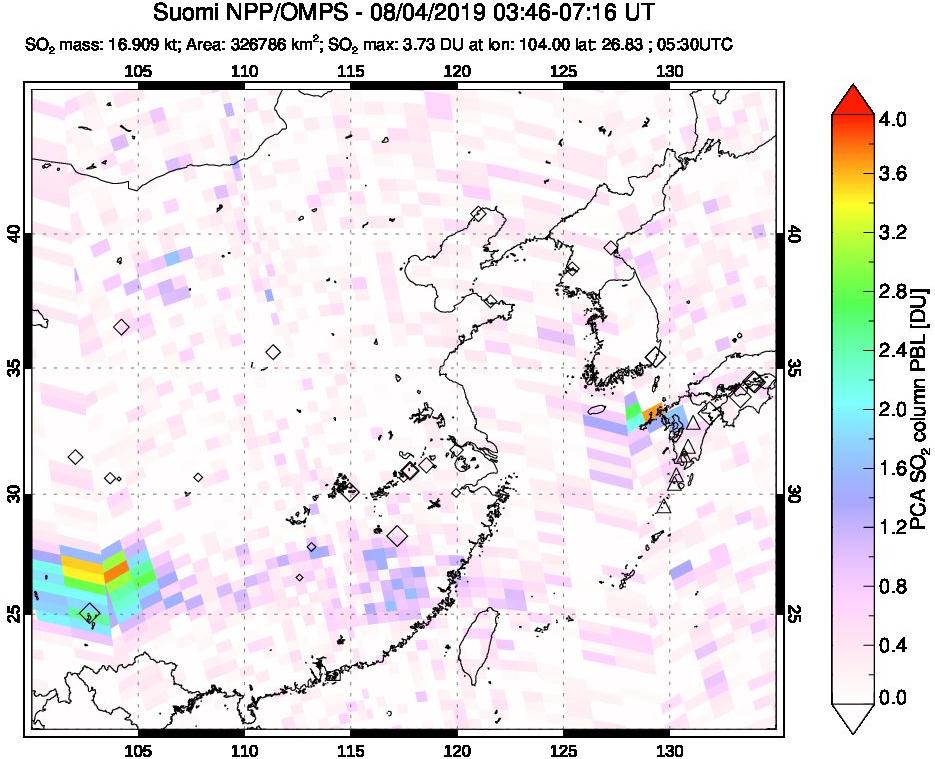A sulfur dioxide image over Eastern China on Aug 04, 2019.