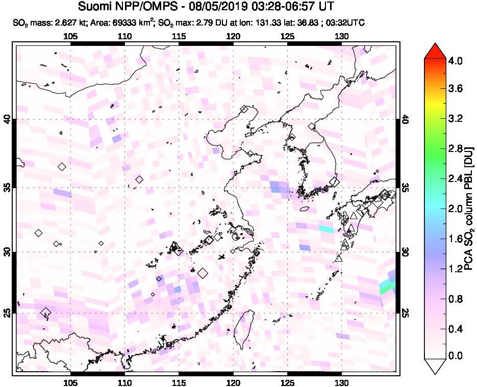 A sulfur dioxide image over Eastern China on Aug 05, 2019.
