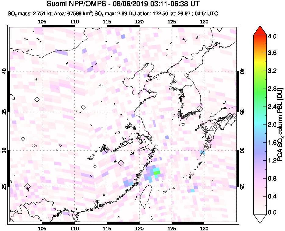 A sulfur dioxide image over Eastern China on Aug 06, 2019.