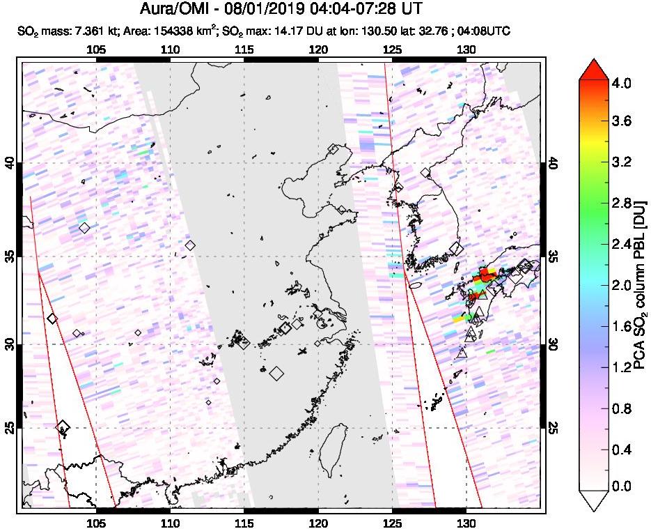 A sulfur dioxide image over Eastern China on Aug 01, 2019.