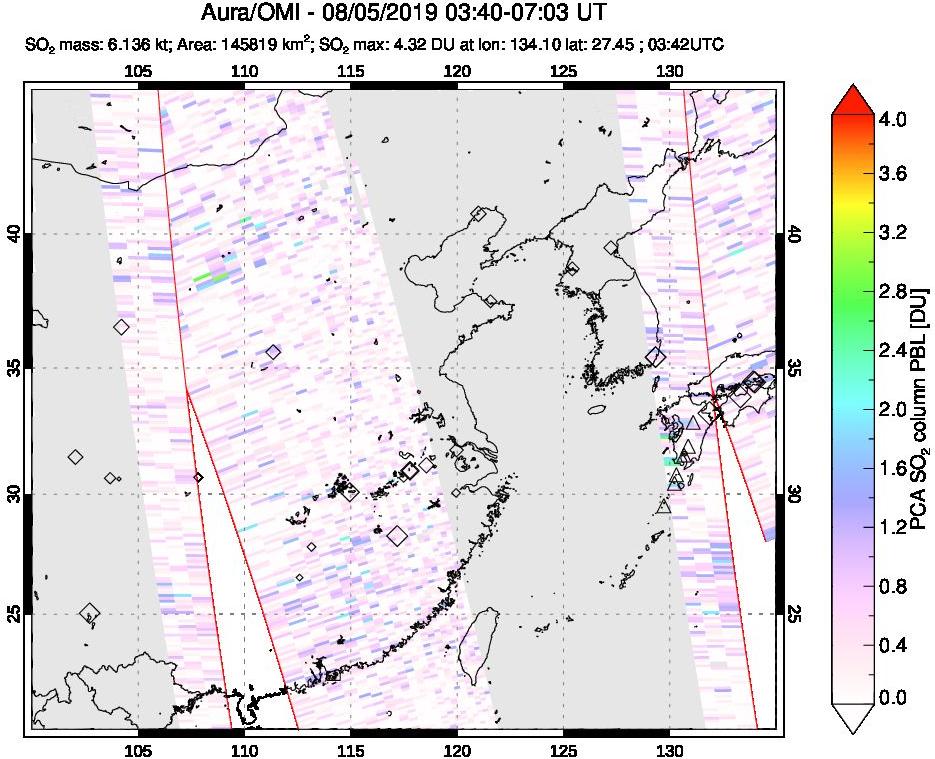 A sulfur dioxide image over Eastern China on Aug 05, 2019.