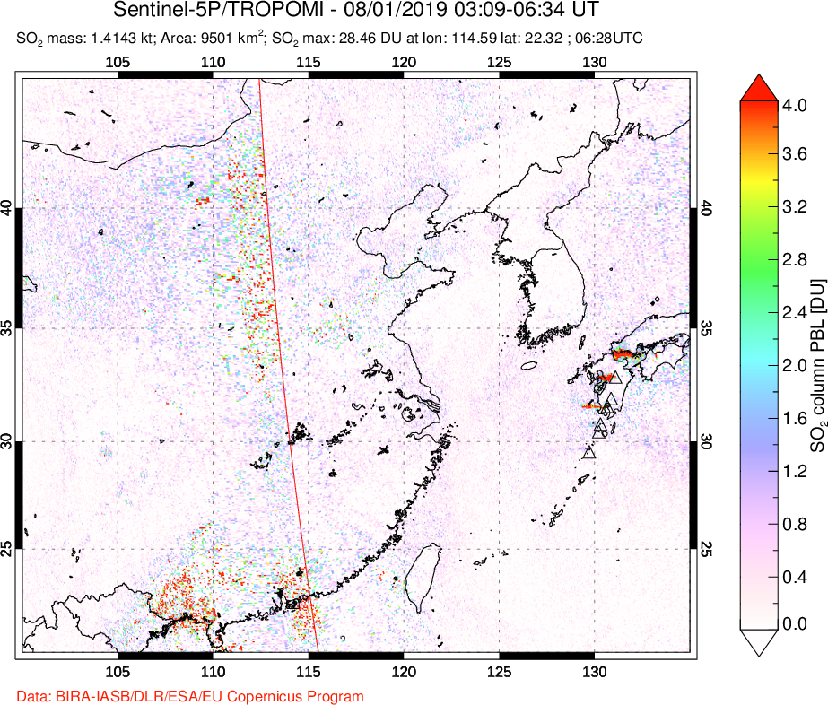 A sulfur dioxide image over Eastern China on Aug 01, 2019.