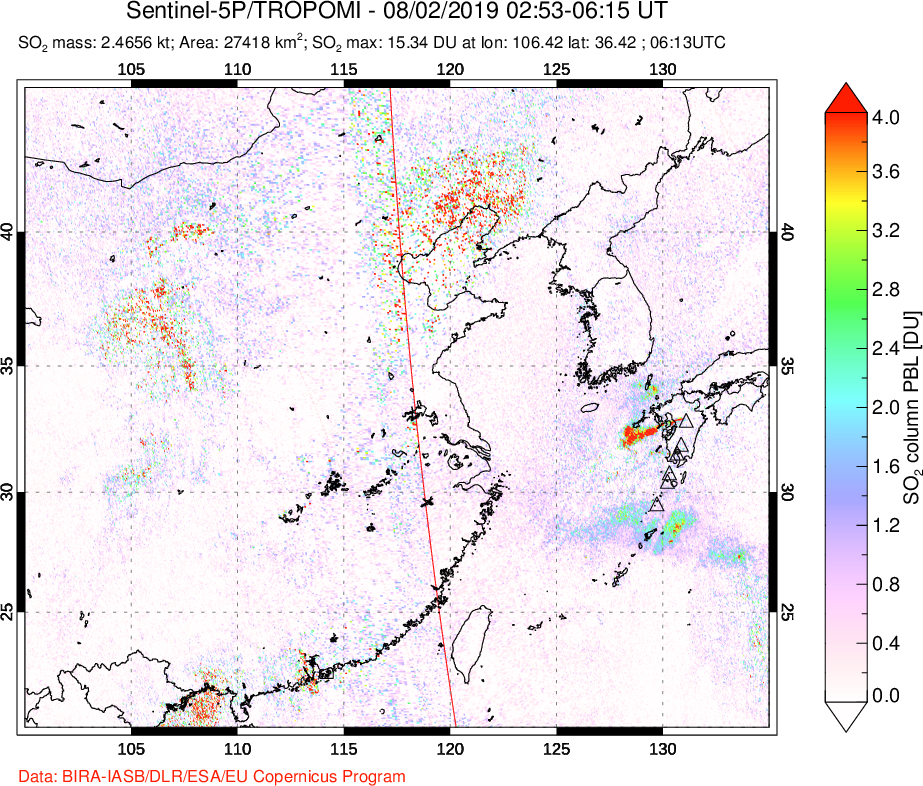 A sulfur dioxide image over Eastern China on Aug 02, 2019.