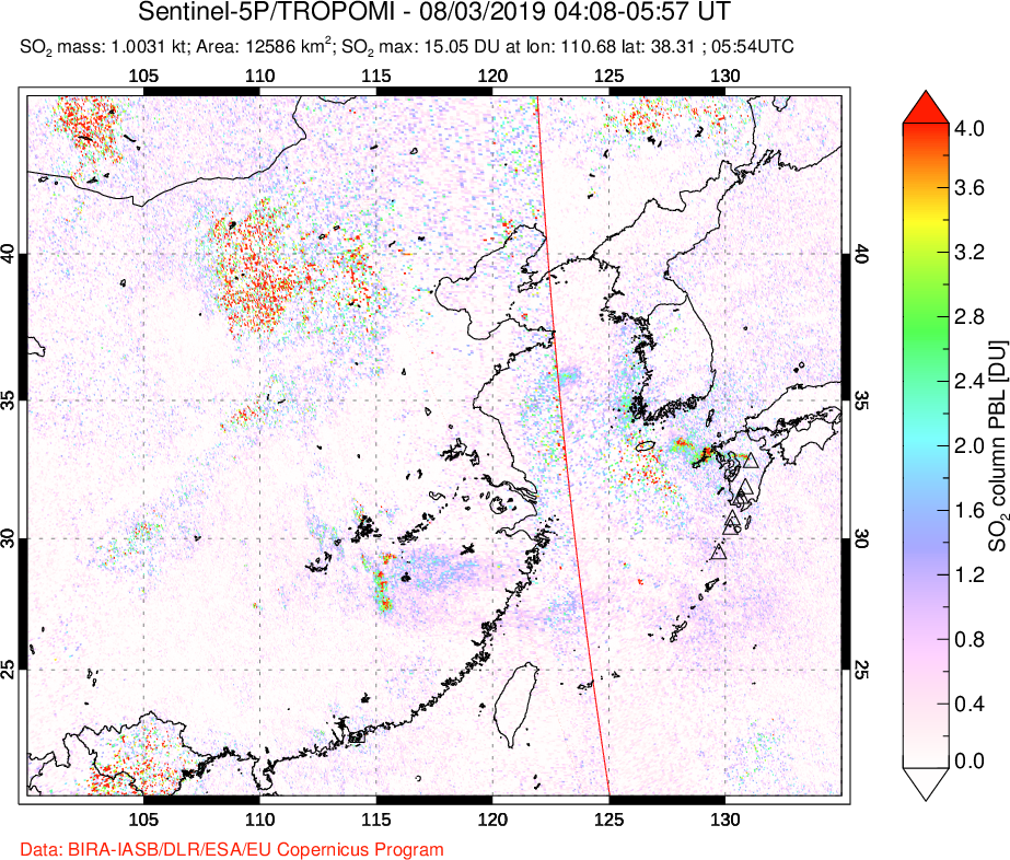 A sulfur dioxide image over Eastern China on Aug 03, 2019.