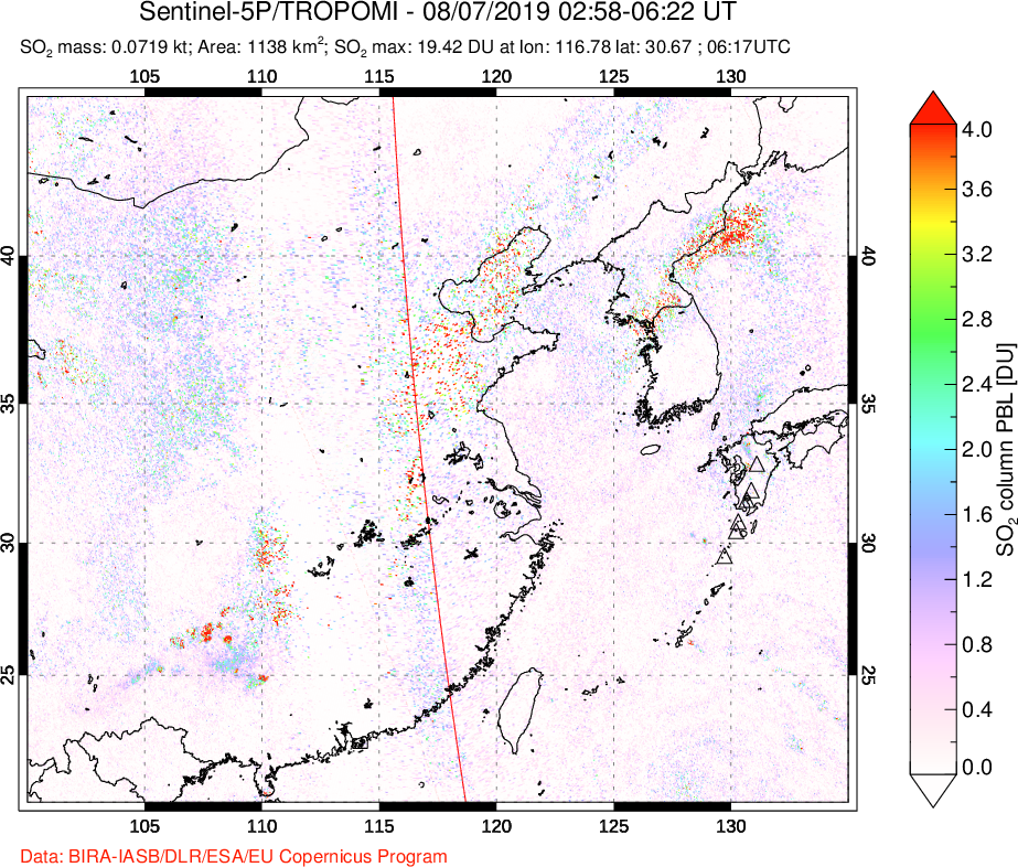 A sulfur dioxide image over Eastern China on Aug 07, 2019.