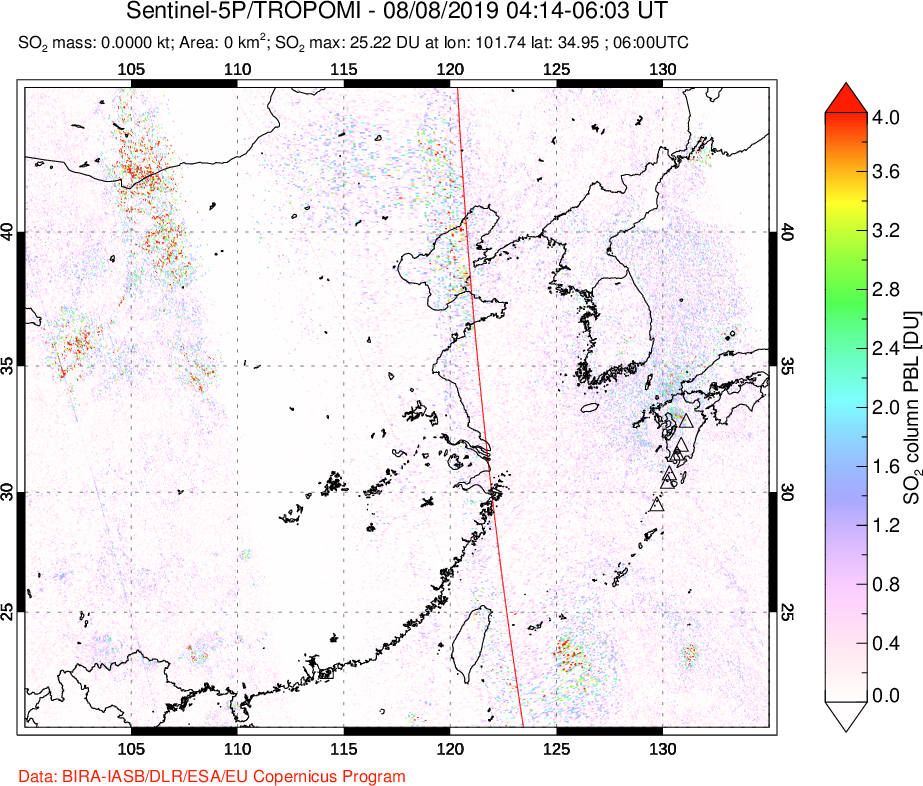A sulfur dioxide image over Eastern China on Aug 08, 2019.