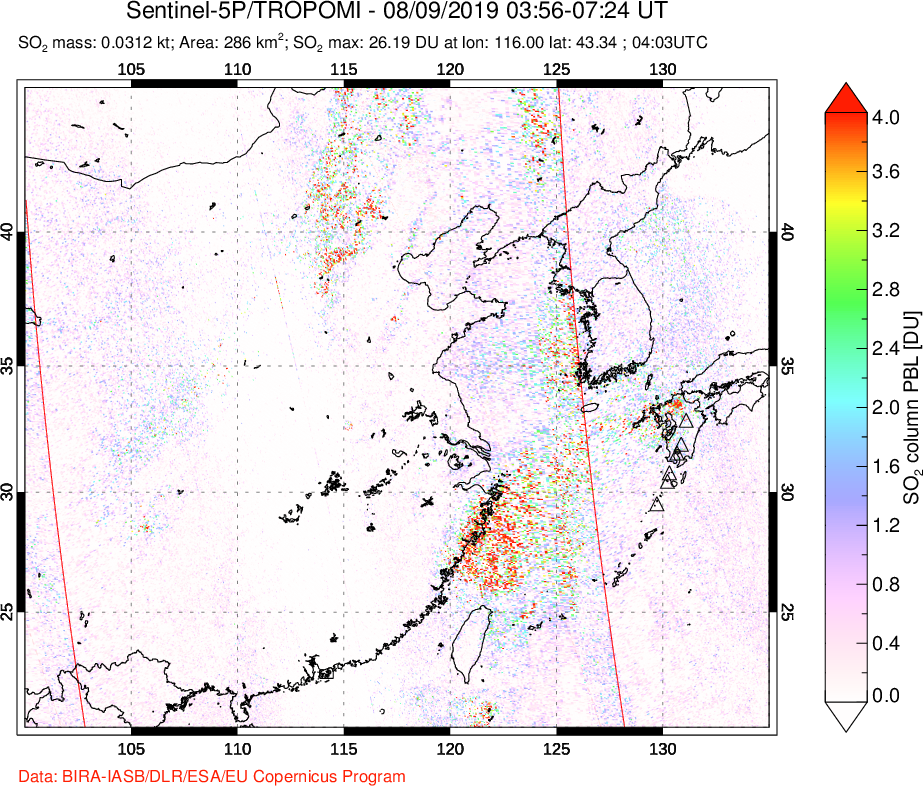 A sulfur dioxide image over Eastern China on Aug 09, 2019.