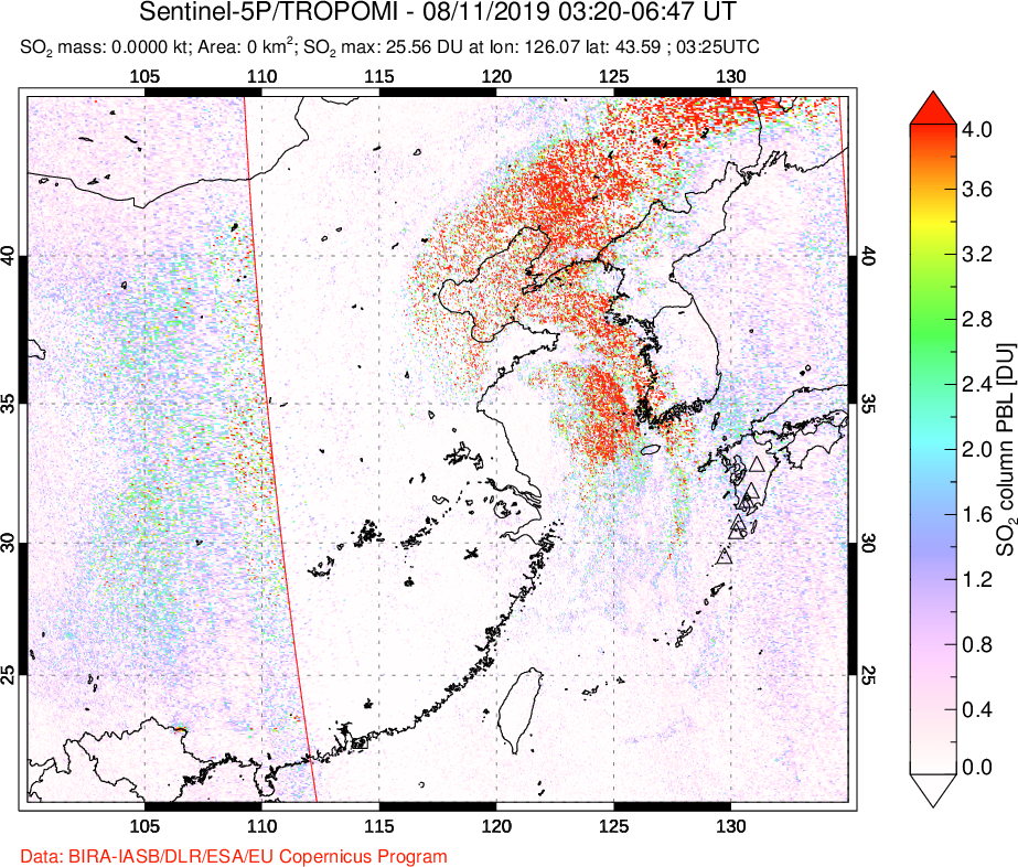 A sulfur dioxide image over Eastern China on Aug 11, 2019.