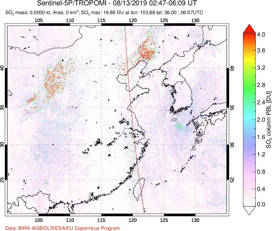 A sulfur dioxide image over Eastern China on Aug 13, 2019.