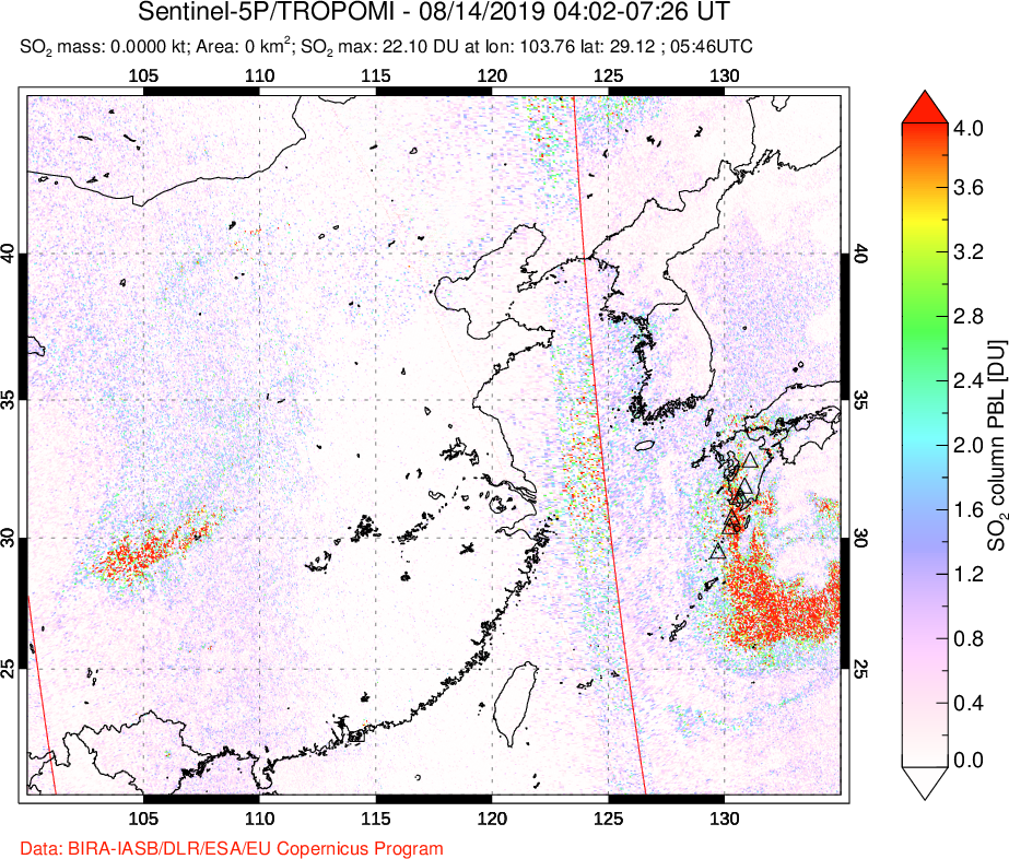A sulfur dioxide image over Eastern China on Aug 14, 2019.