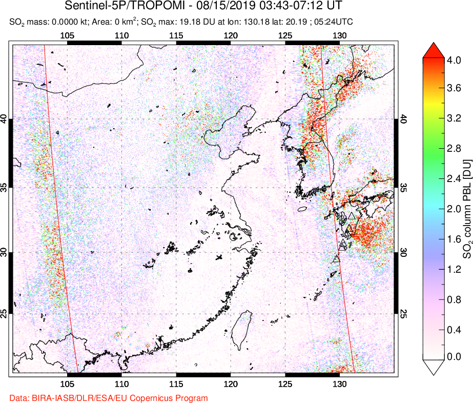 A sulfur dioxide image over Eastern China on Aug 15, 2019.