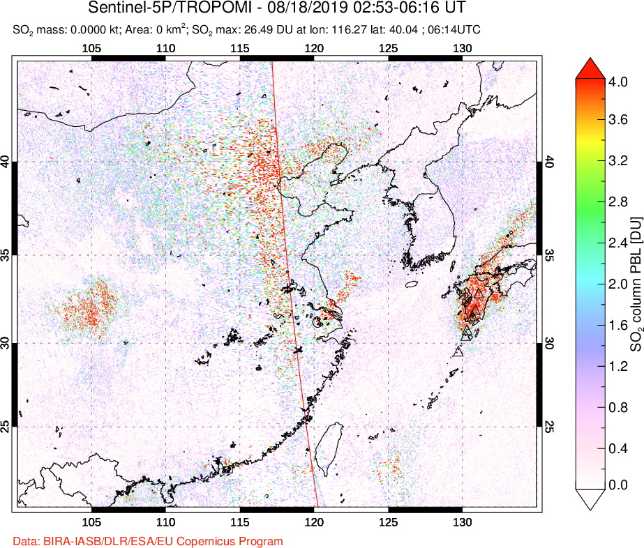 A sulfur dioxide image over Eastern China on Aug 18, 2019.