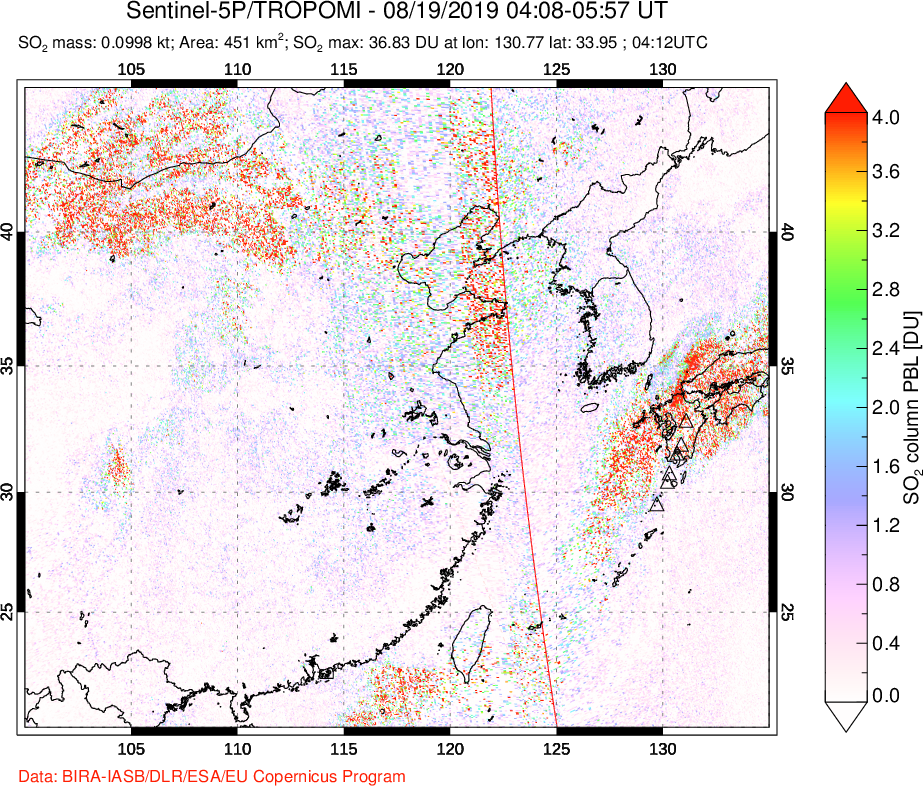 A sulfur dioxide image over Eastern China on Aug 19, 2019.