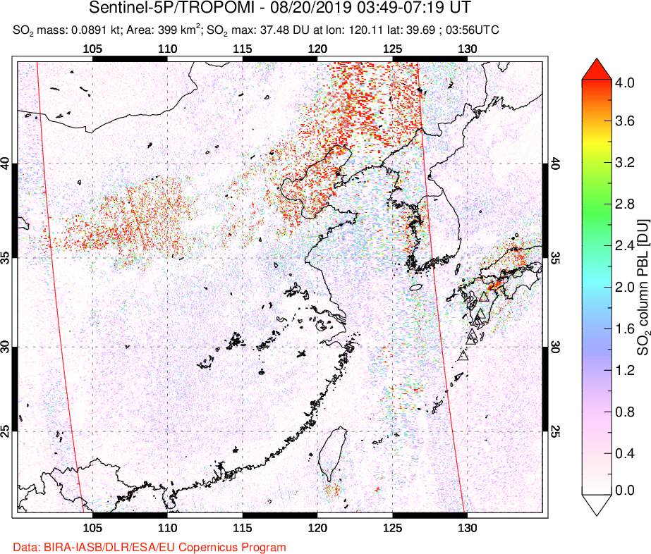 A sulfur dioxide image over Eastern China on Aug 20, 2019.