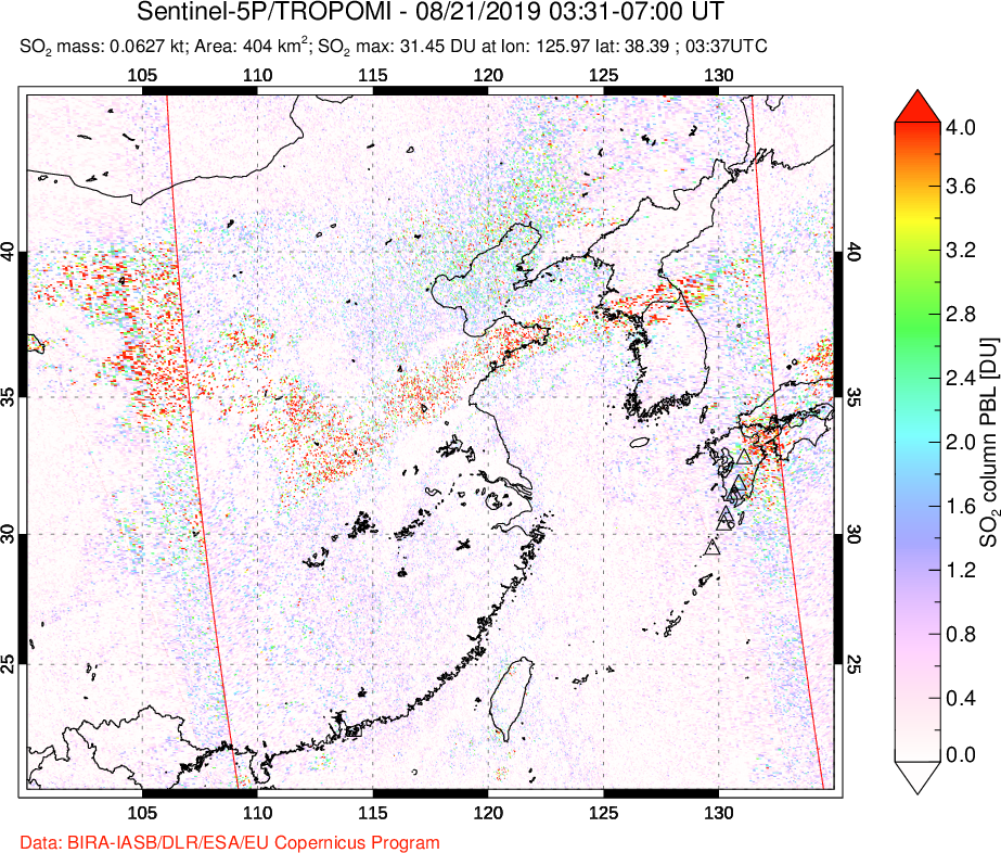 A sulfur dioxide image over Eastern China on Aug 21, 2019.