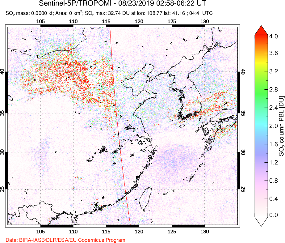 A sulfur dioxide image over Eastern China on Aug 23, 2019.