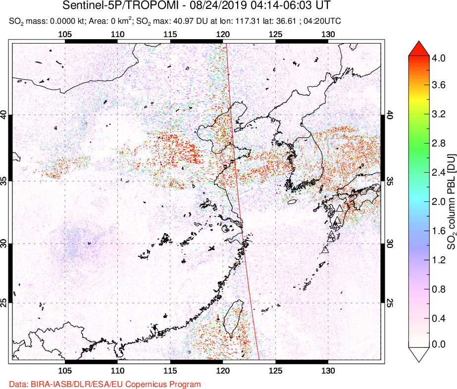 A sulfur dioxide image over Eastern China on Aug 24, 2019.