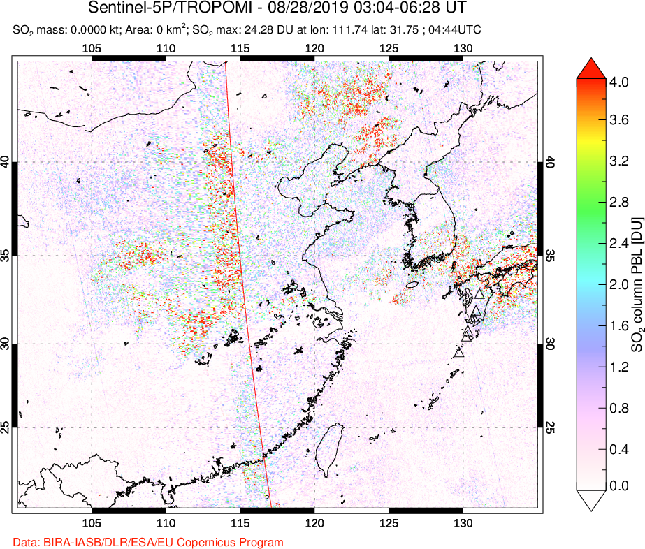 A sulfur dioxide image over Eastern China on Aug 28, 2019.