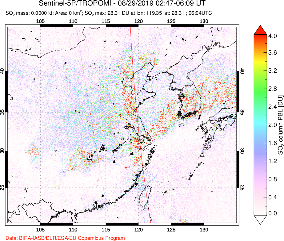 A sulfur dioxide image over Eastern China on Aug 29, 2019.