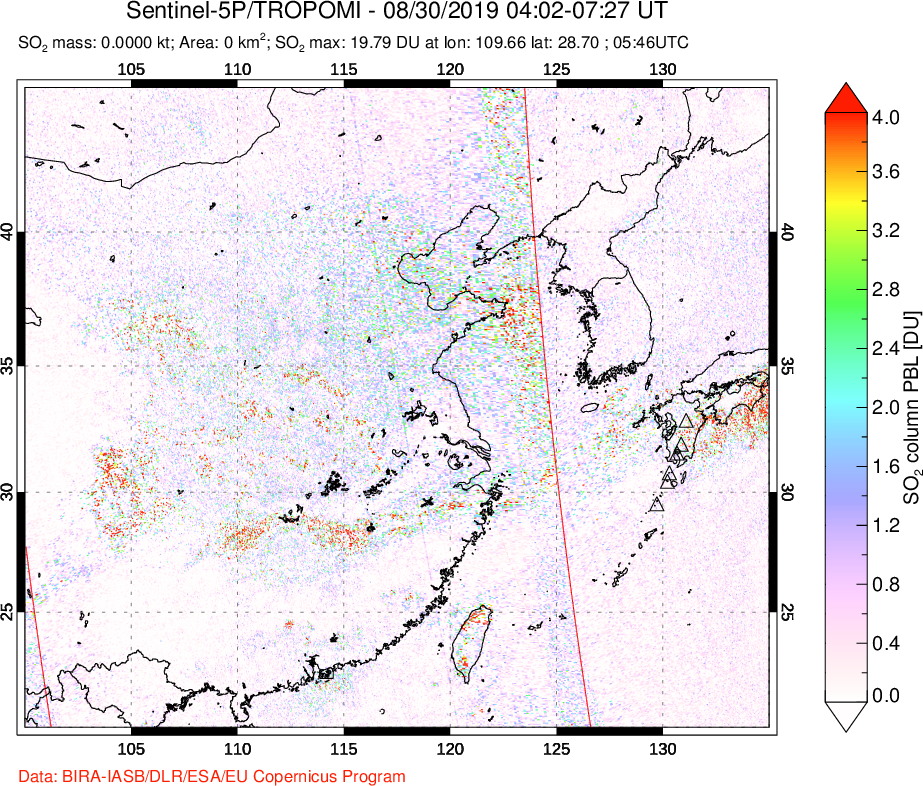 A sulfur dioxide image over Eastern China on Aug 30, 2019.