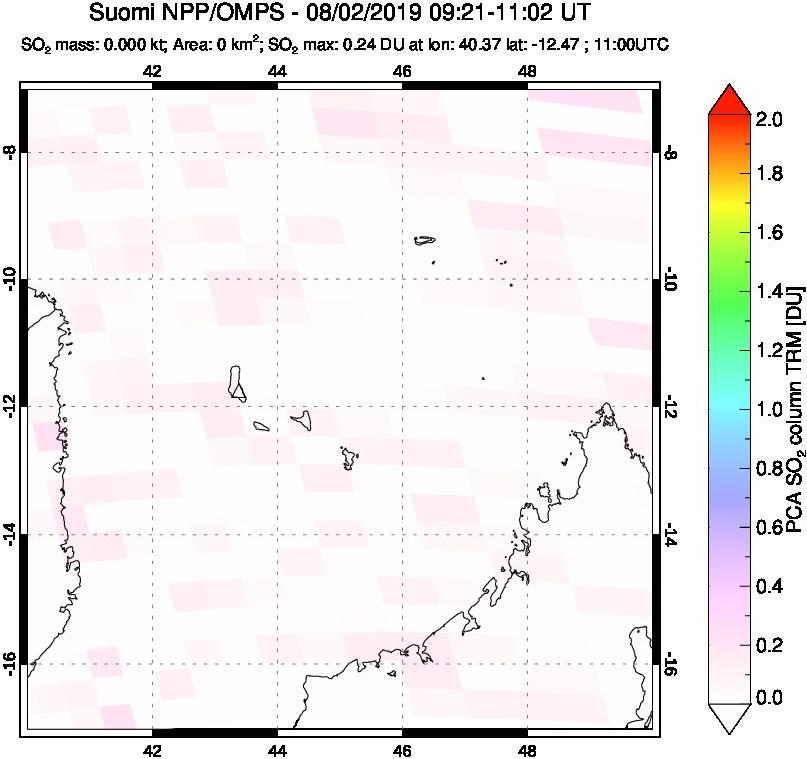 A sulfur dioxide image over Comoro Islands on Aug 02, 2019.