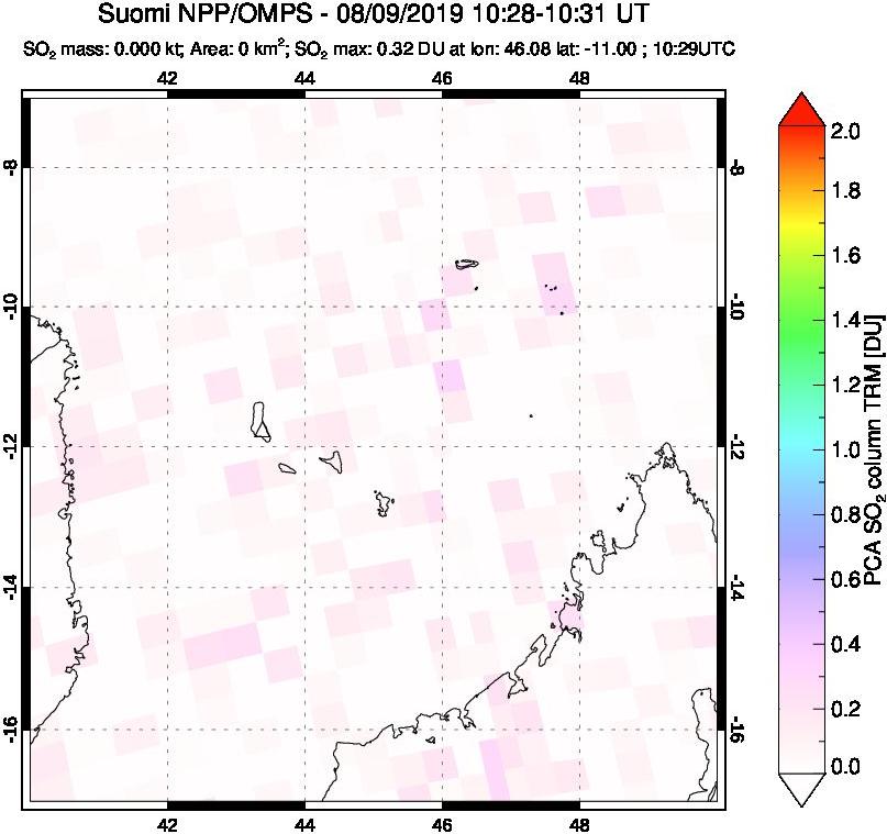 A sulfur dioxide image over Comoro Islands on Aug 09, 2019.