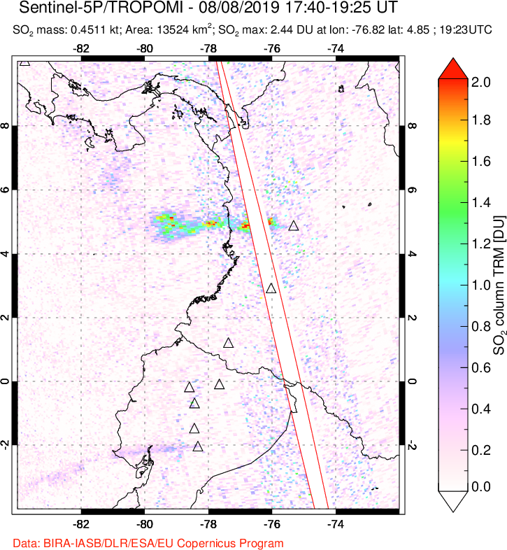 A sulfur dioxide image over Ecuador on Aug 08, 2019.