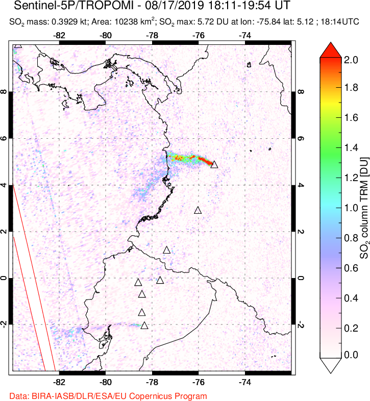 A sulfur dioxide image over Ecuador on Aug 17, 2019.