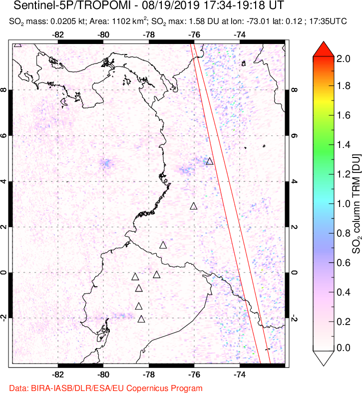 A sulfur dioxide image over Ecuador on Aug 19, 2019.