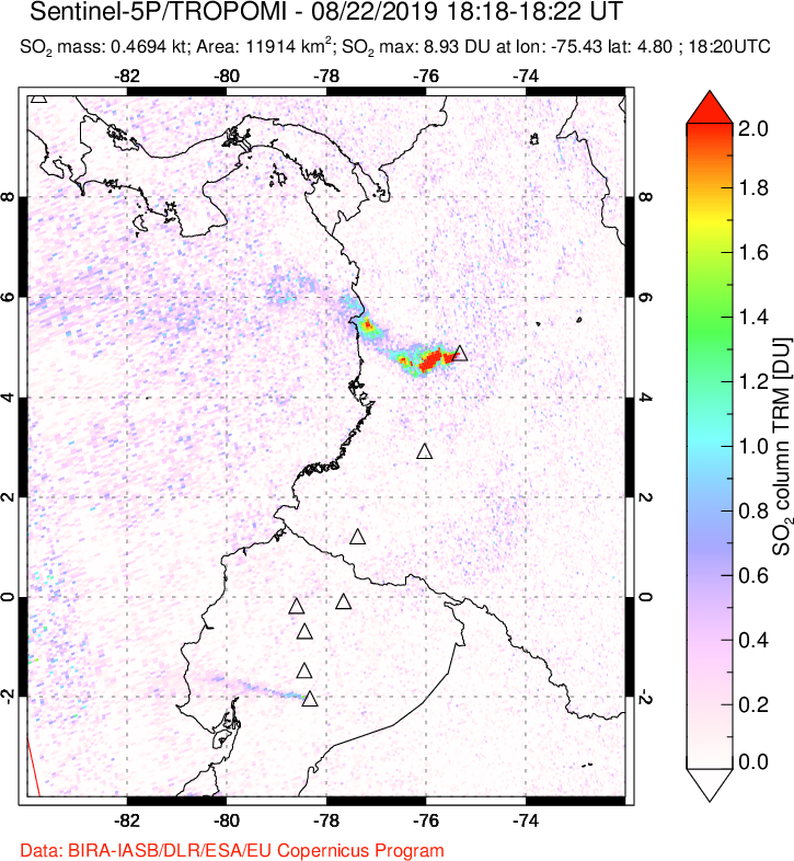 A sulfur dioxide image over Ecuador on Aug 22, 2019.
