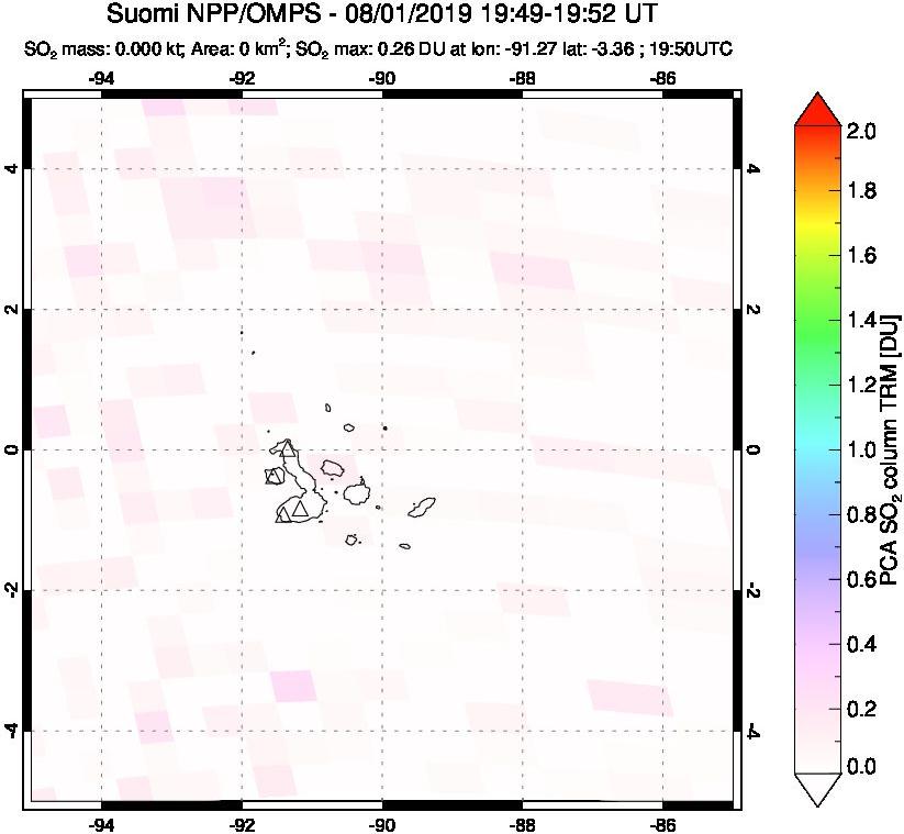 A sulfur dioxide image over Galápagos Islands on Aug 01, 2019.