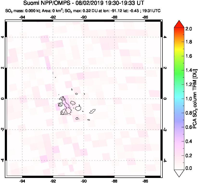 A sulfur dioxide image over Galápagos Islands on Aug 02, 2019.