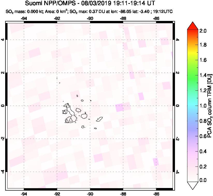 A sulfur dioxide image over Galápagos Islands on Aug 03, 2019.