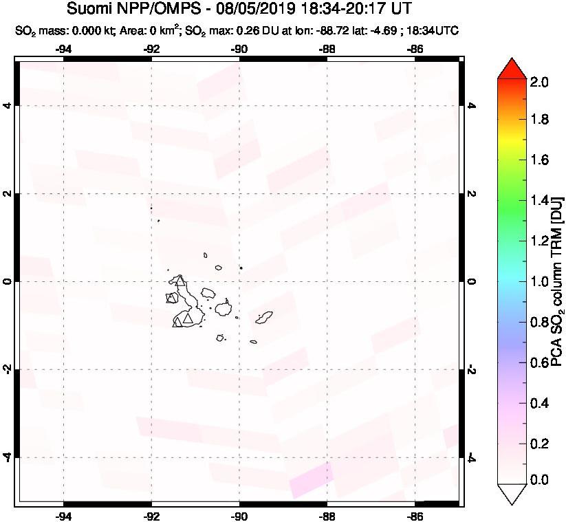 A sulfur dioxide image over Galápagos Islands on Aug 05, 2019.