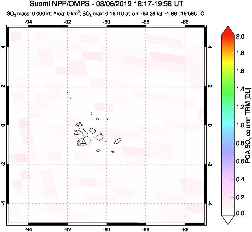 A sulfur dioxide image over Galápagos Islands on Aug 06, 2019.