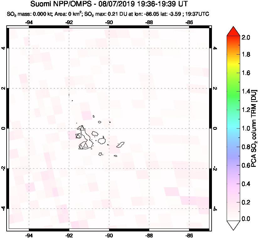 A sulfur dioxide image over Galápagos Islands on Aug 07, 2019.