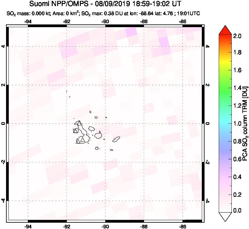 A sulfur dioxide image over Galápagos Islands on Aug 09, 2019.