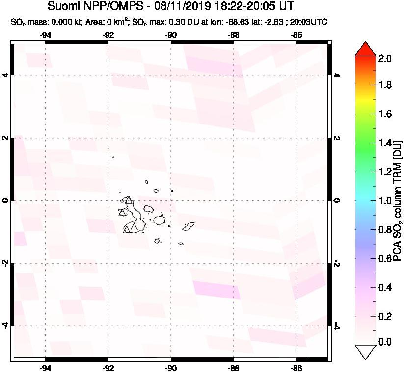 A sulfur dioxide image over Galápagos Islands on Aug 11, 2019.