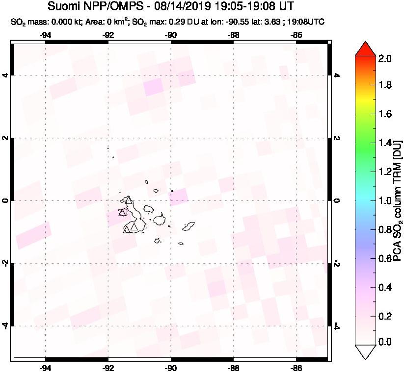 A sulfur dioxide image over Galápagos Islands on Aug 14, 2019.