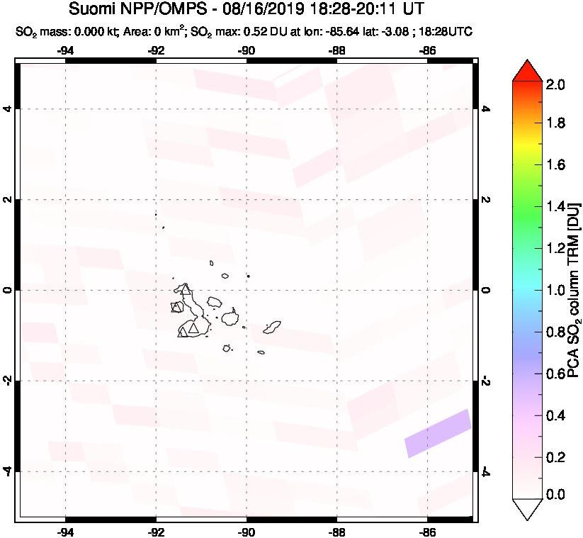 A sulfur dioxide image over Galápagos Islands on Aug 16, 2019.
