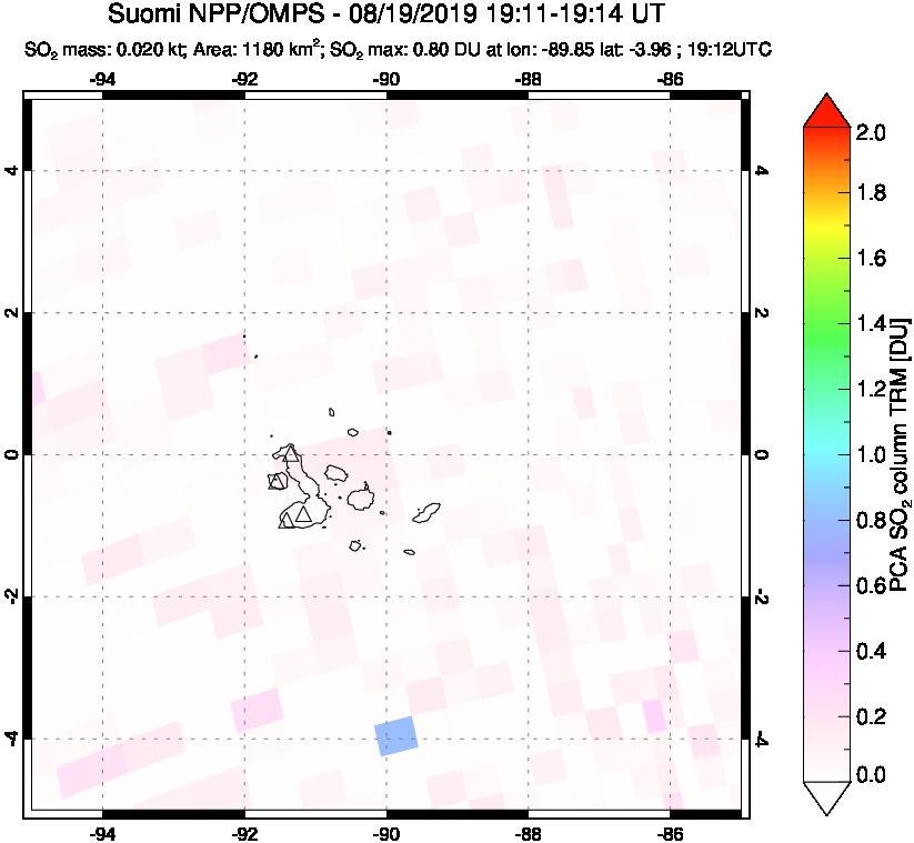 A sulfur dioxide image over Galápagos Islands on Aug 19, 2019.